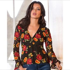 Black Floral Embroidery Lace Peplum Top